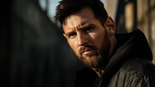 Portrait shows bearded man in side lighting wearing dark jacket