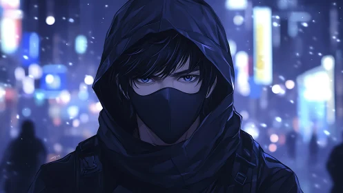 Midnight courier of neon streets narrows storm-bright eyes