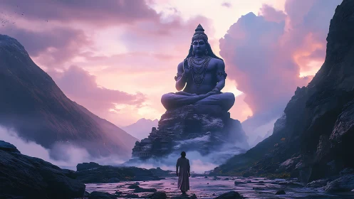 Mountain valley deity towers above lone pilgrim at dusk.
