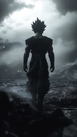 Silhouetted warrior figure facing stormy monochrome seascape.