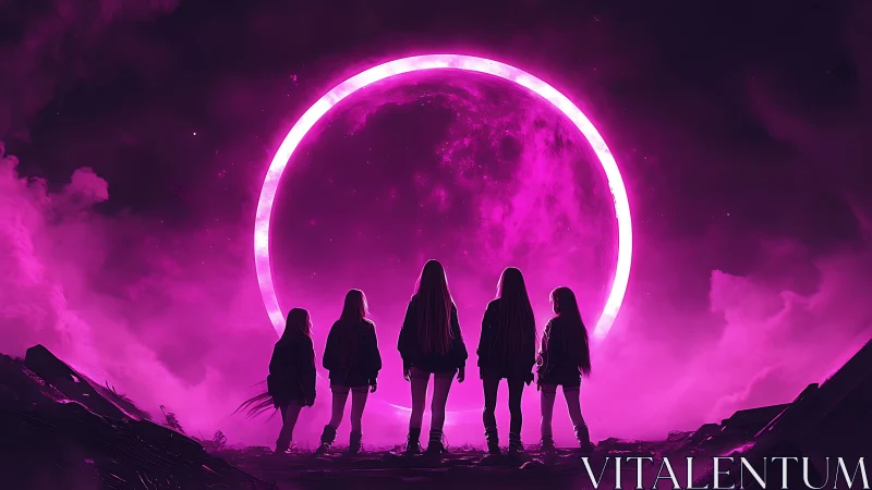 Silhouetted figures confront glowing magenta lunar portal
