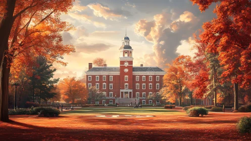 Historic red brick campus hall glows in golden autumn light.
