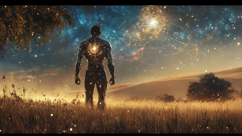 Humanoid figure stands in grassland beneath luminous starfield