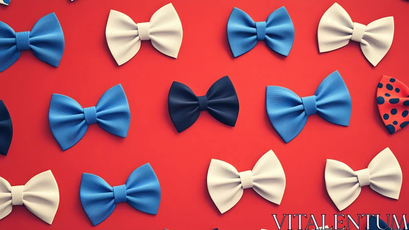 Colorful bow ties arranged on vibrant red background.