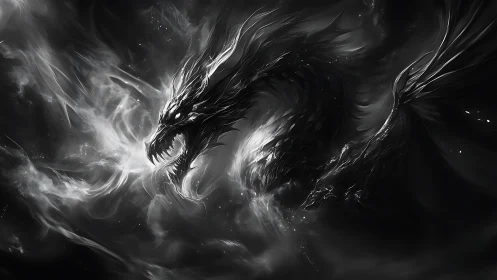 Black dragon emerges from swirling smoke in dark void.