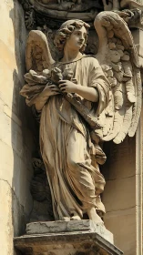 Stone cathedral angel sculpture with draped robes and wings