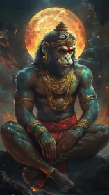 Divine simian warrior meditating beneath a burning moon.