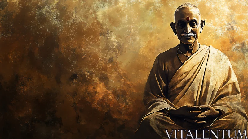 Golden robed sage drifting through a storm of quiet light.