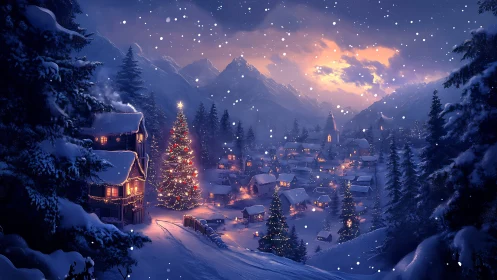 Cozy snowy village glowing under a magical winter sky.