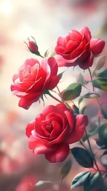 Velvet Petals Dance: Three Red Roses in Luminous Reverie.