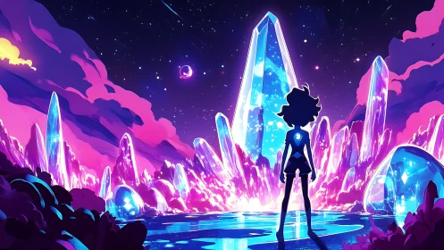 Silhouette hero facing glowing crystal landscape at night.