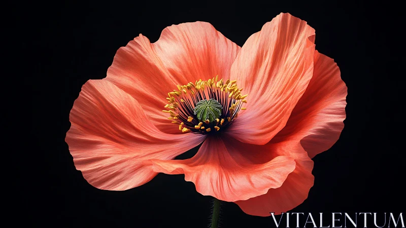 Radiant Coral Poppy Blooms Against Deep Black Backdrop