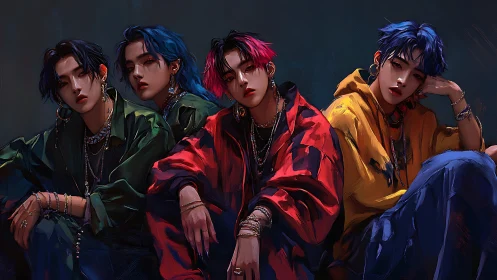 Neon-hearted street idols lounging in painted midnight hues.