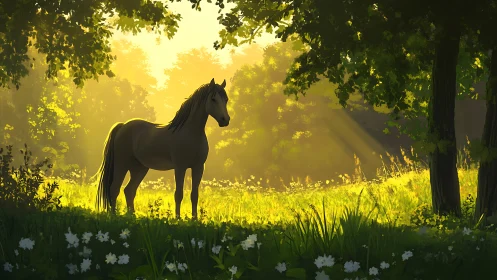 Backlit horse in volumetric sunrise light across dense forest edge