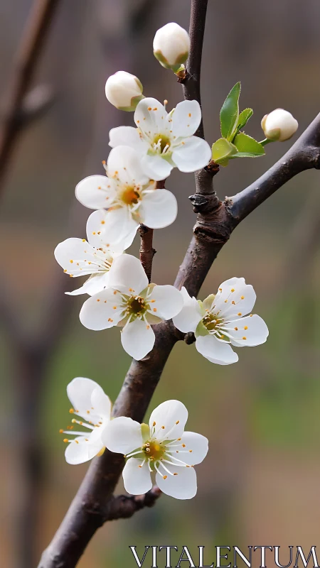 White cherry blossoms bloom along dark branch.