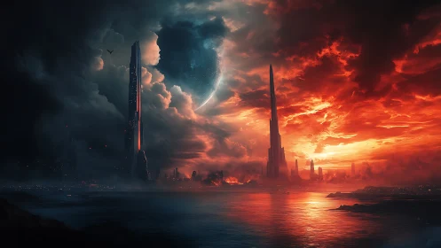 Dual-tone futuristic skyline divides stormy alien seascape