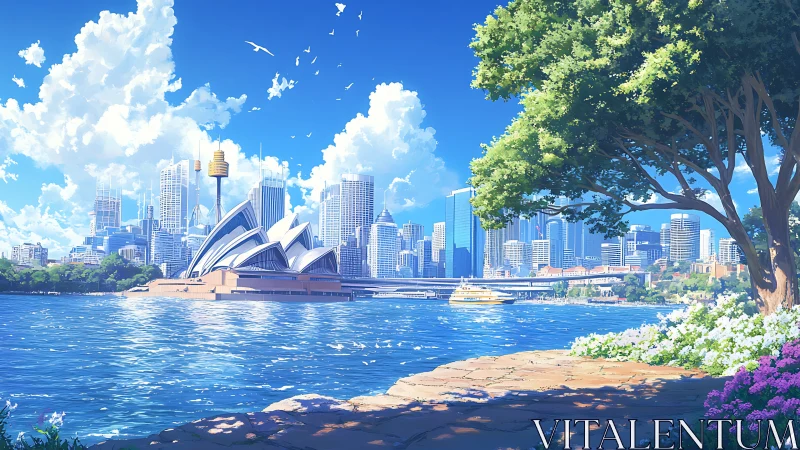 Sydney harbour skyline glows under clear midday summer light