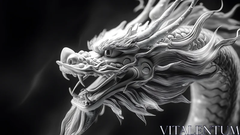 Monochrome dragon bust showcases intricate sculpted fury.