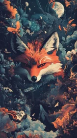 Fox head amid abstract cosmic forest and floating forms.