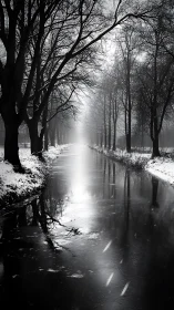 Winter canal whisper beneath bare trees in soft grayscale.