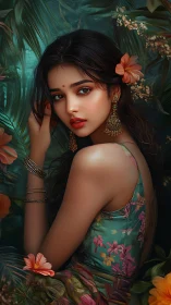 Woman in floral dress posed amid dense tropical foliage.
