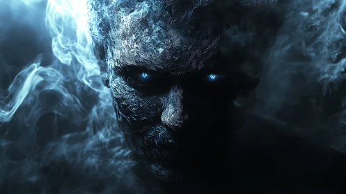 Mysterious smoky figure with glowing blue eyes emerging.