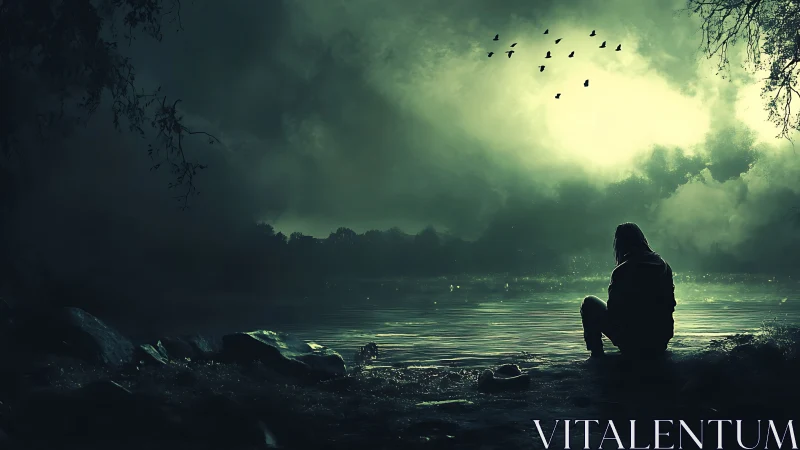 Solitary figure by moonlit lake amid brooding storm clouds.