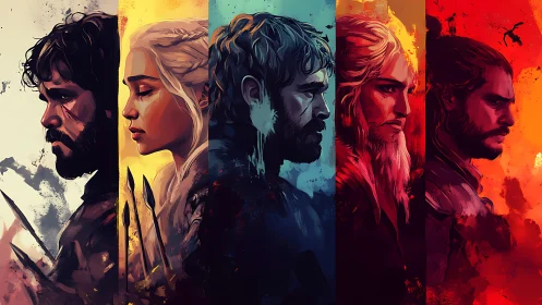 Quad-panel digital portraits with dramatic color fields and spears