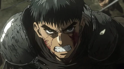 Battle-scarred warrior glares upward with fierce resolve