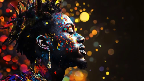 Profile portrait merges neon bokeh particles with painted skin