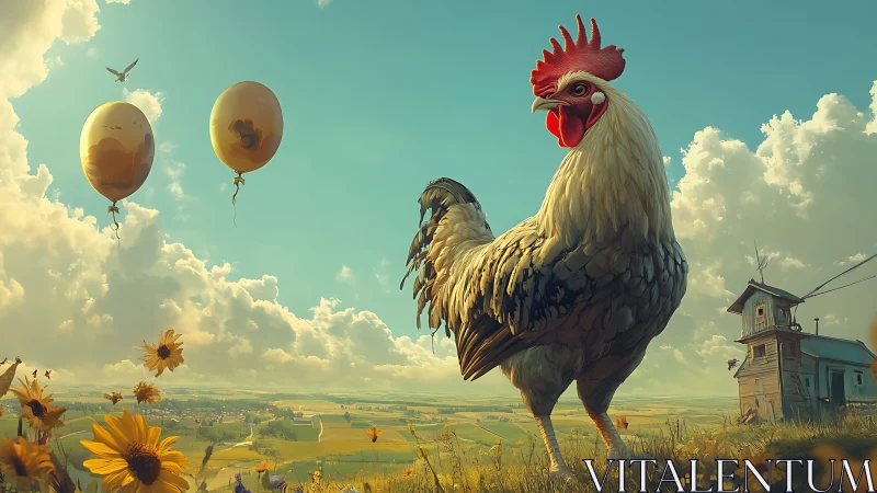Large rooster stands prominently in surreal pastoral landscape with balloons