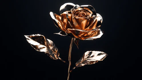Luminous metallic rose sculpture in dramatic black void.