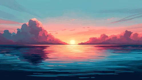 Digital seascape with low sun, stratified clouds, and reflections.