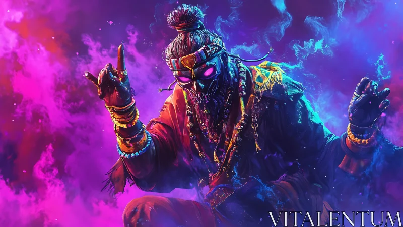 Neon shaman warrior in glowing cyber mask amid magenta smoke