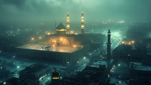 Golden mosque aglow in misty night city skyline hush.