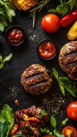Grilled burger patties rest on dark slate with fresh garnish