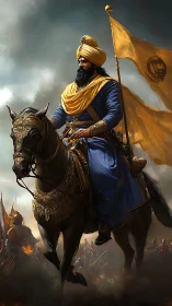 Gallant Sikh horseman rides forward under a golden battle flag