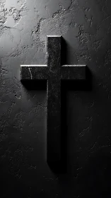 Black stone cross on textured dark plaster wall.