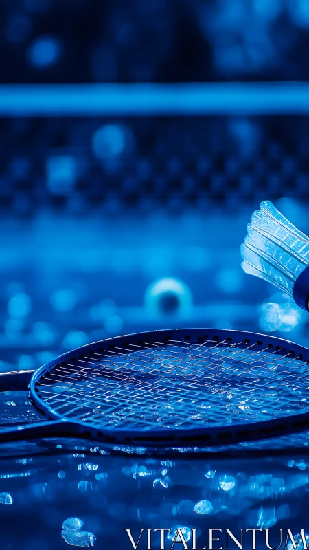 Moonlit blue badminton court waiting for the next rally.