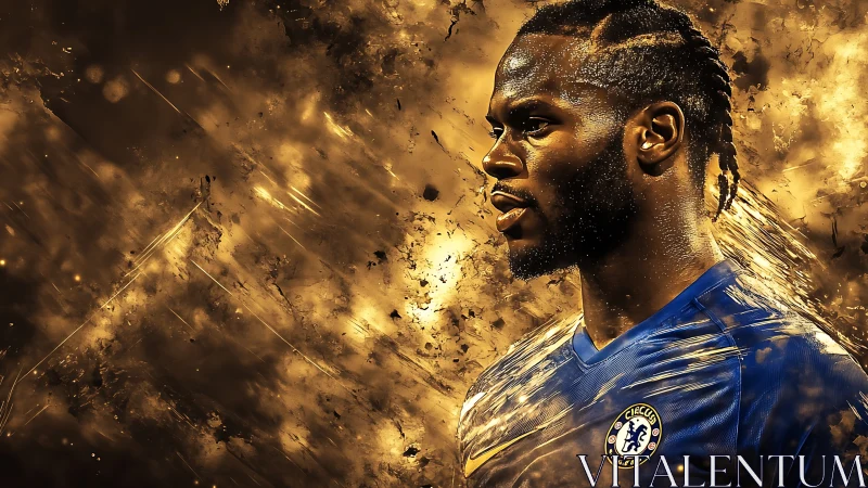Digital portrait of soccer player in blue jersey amid gold storm.