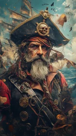 Weathered pirate captain portrait with ornate tricorne hat