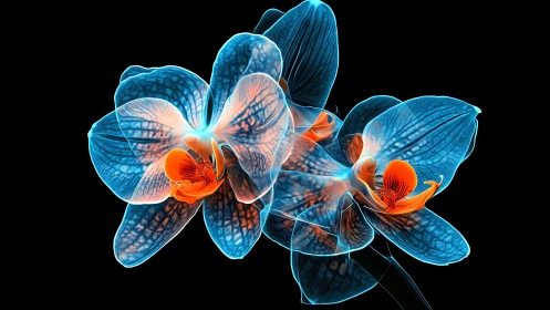 Glowing blue orchid duo with luminous tangerine hearts.