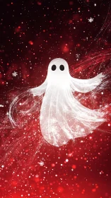 White ghost figure on red snowy particle background.