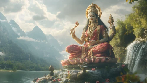 Divine goddess statue rests on lotus amid serene waterfalls.