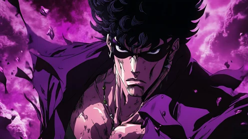 Dark masked figure stands before turbulent violet clouds