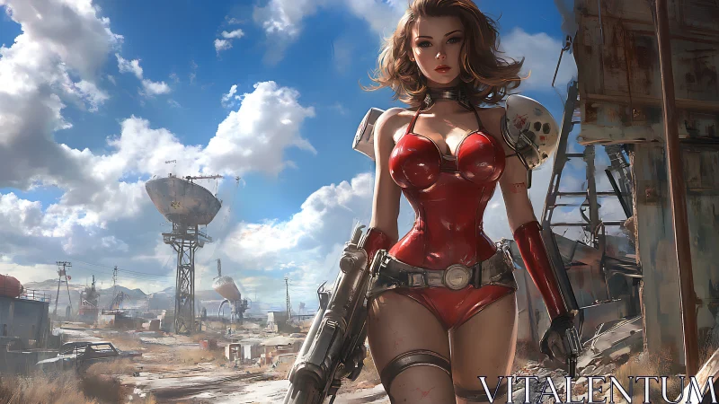 Postapocalyptic warrior in red armor crossing desert ruin.