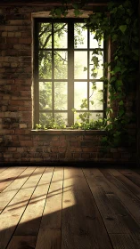 Sunlit brick wall window frames ivy and wood floor