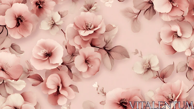 Botanical illustration displaying layered pink flowers rendered in soft color gradients.