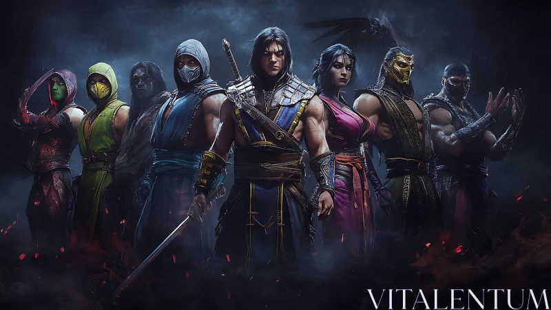 Group of armored fantasy fighters standing in smoky darkness