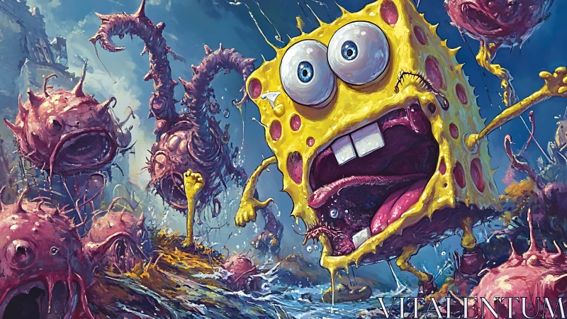 Chaotic cartoon sponge sprints through gooey sea monsters.